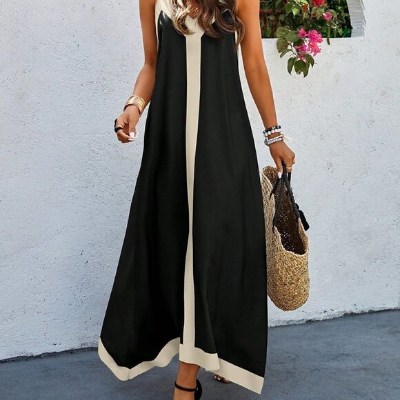 Black Casual Women's Colorblock Spaghetti Strap Dress - Picture 4 of 5